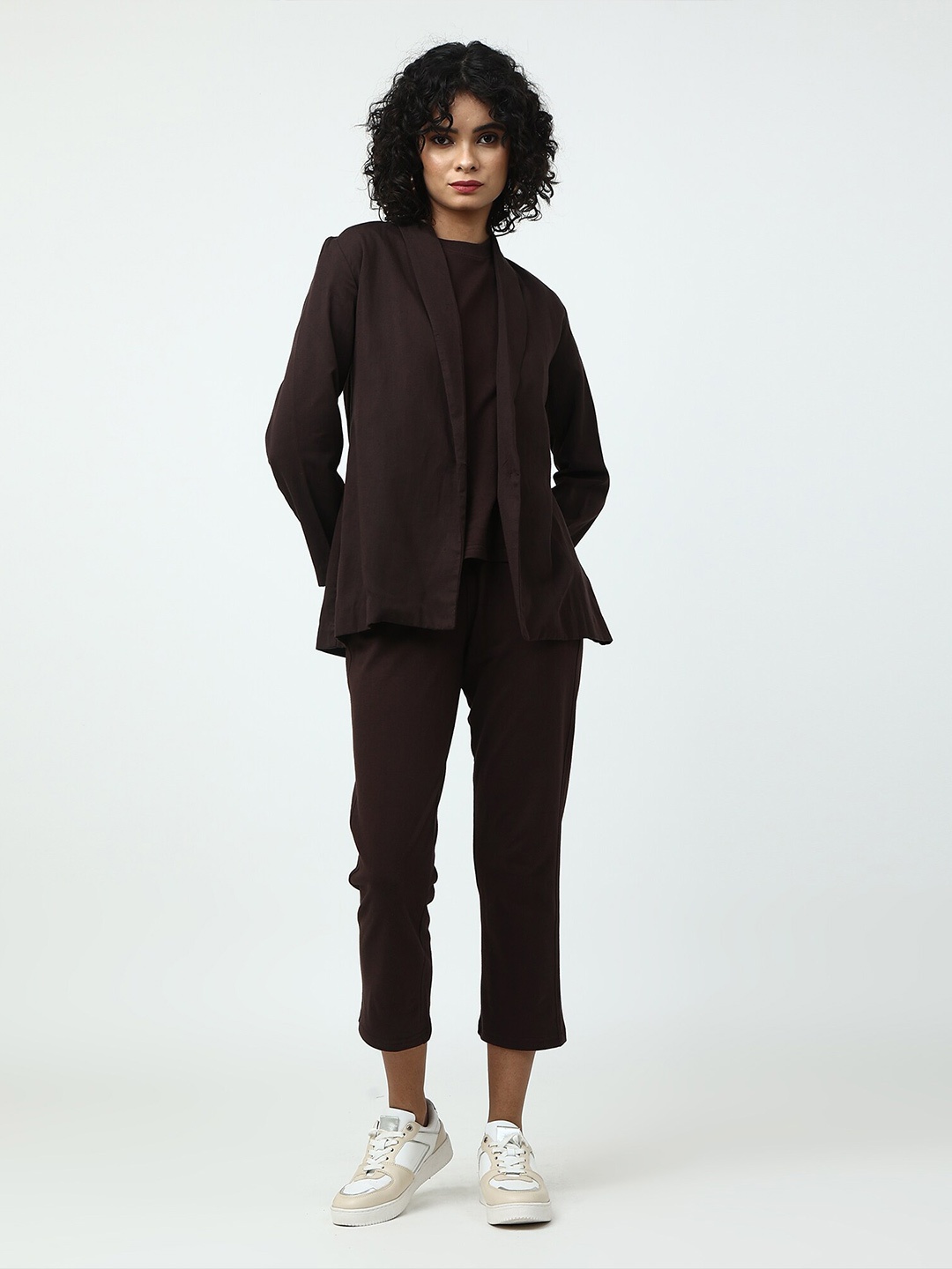 

Saltpetre Round Neck Organic Cotton T-Shirt & Trousers With Blazer, Coffee brown