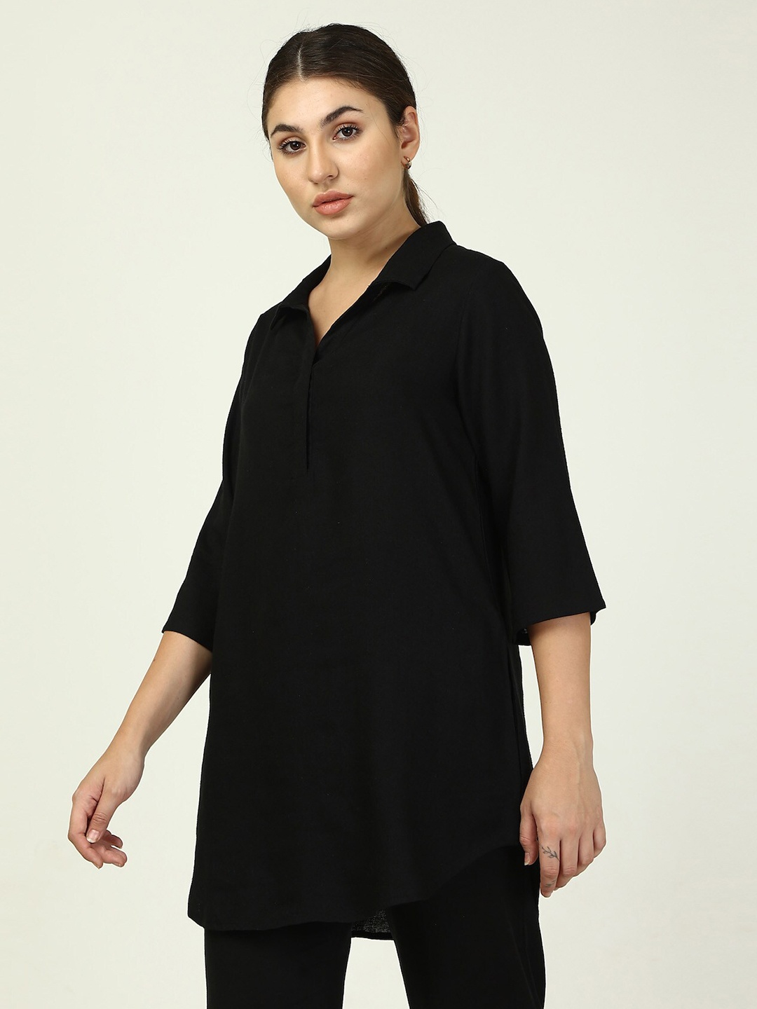 

Saltpetre Shirt Collar Linen Tunic With Trousers, Black
