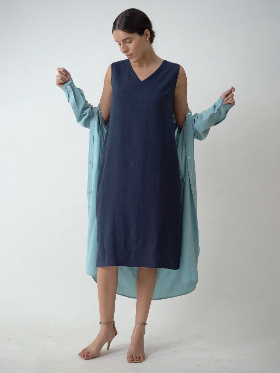 

Saltpetre V-neck Sleeveless Organic Cotton Fit & Flare Dress, Blue