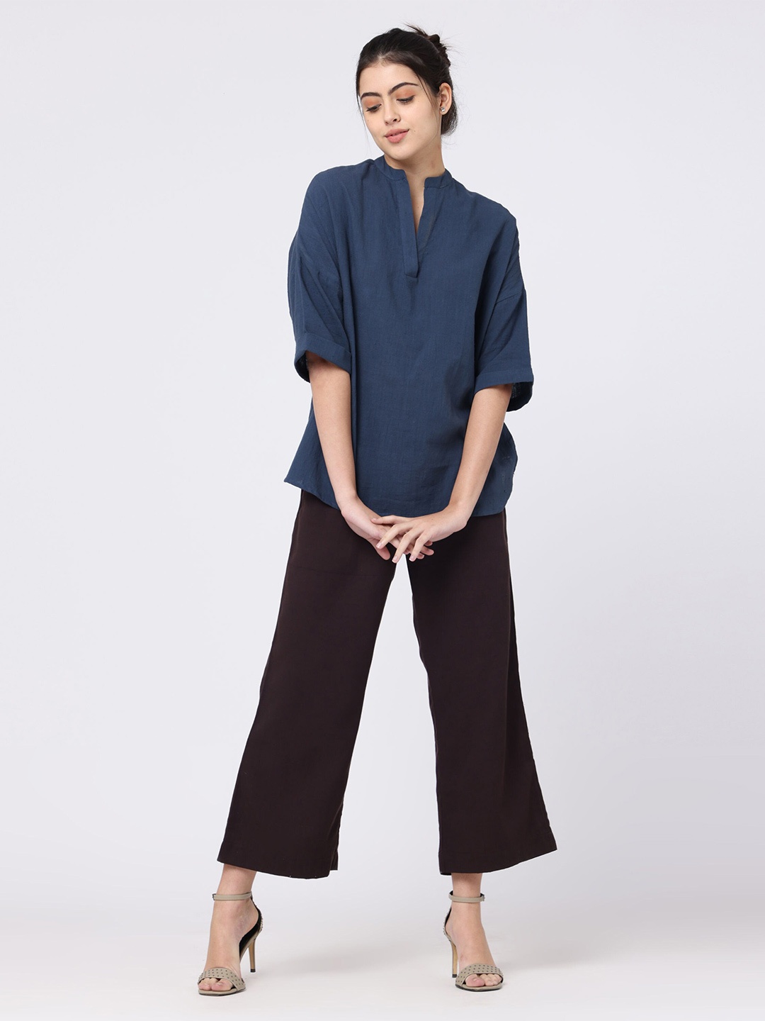 

Saltpetre Mandarin Collar Organic Cotton Top With Trousers, Coffee brown