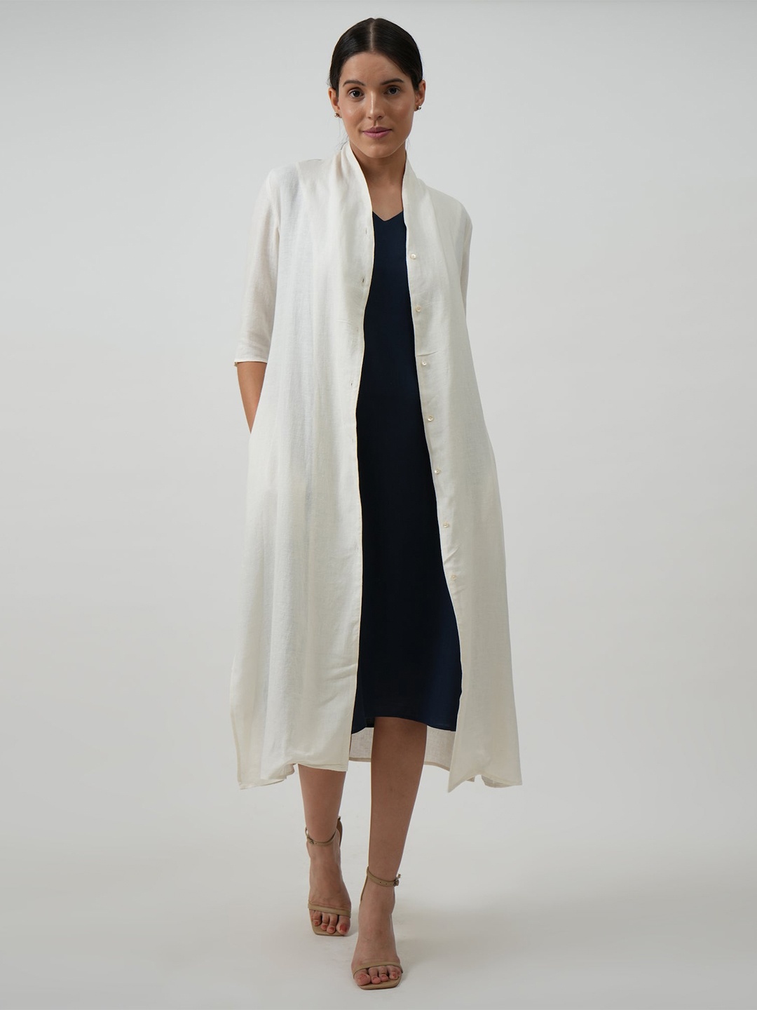 

Saltpetre Round Neck Organic Cotton A-Line Dress With Long Shirt, Cream