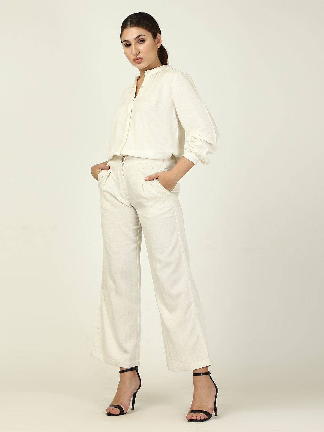 

Saltpetre Mandarin Collar Linen Shirt With Trouser, Cream