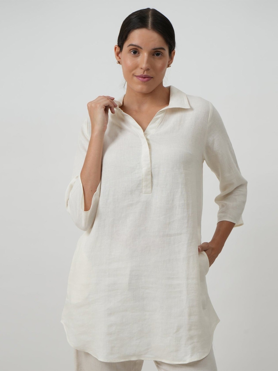 

Saltpetre Shirt Collar Linen Pure Cotton Tunic & Trousers, Cream