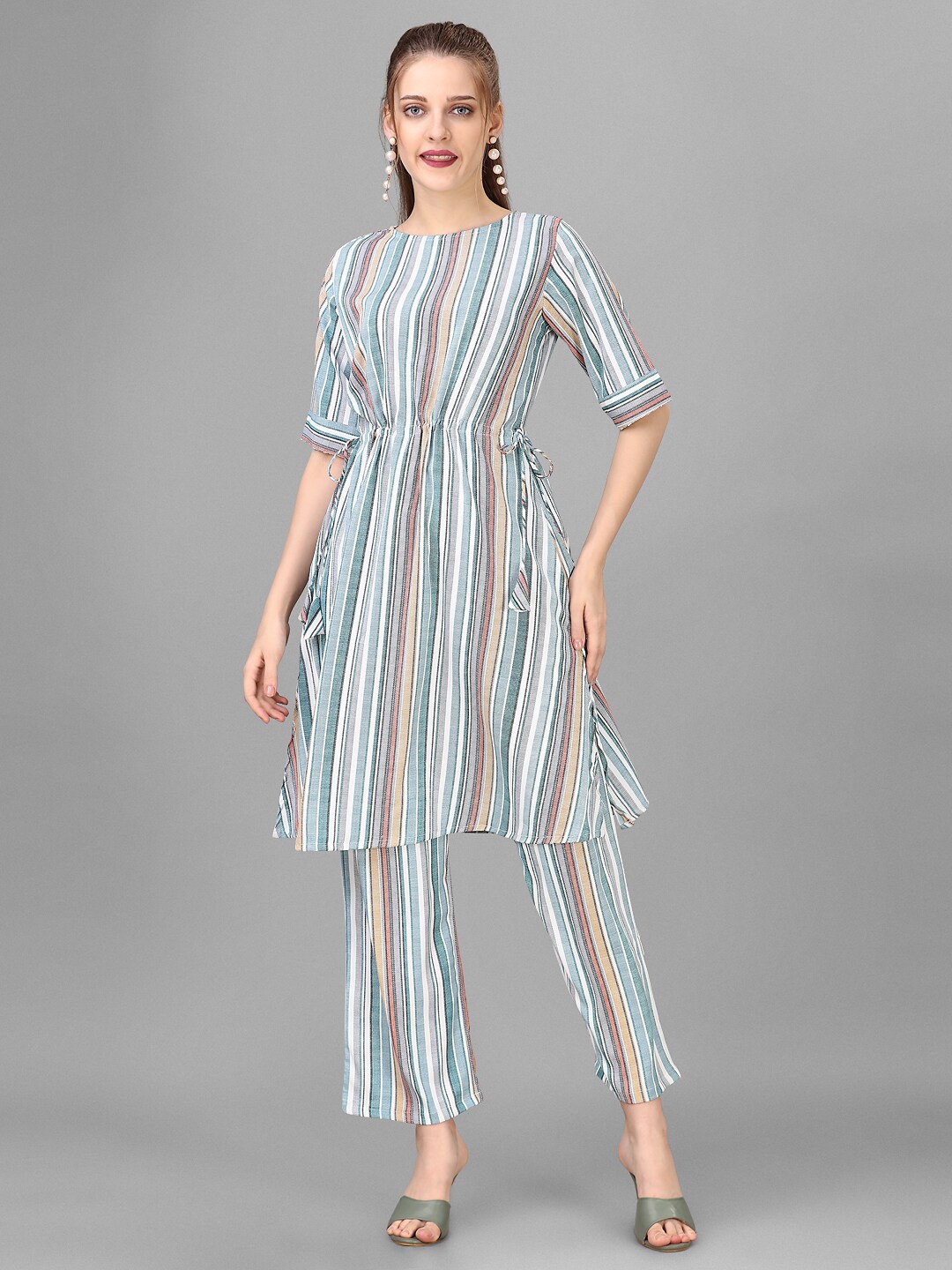 

HOUSE OF MIRA Striped Round Neck Tunic With Flared Trouser, Green