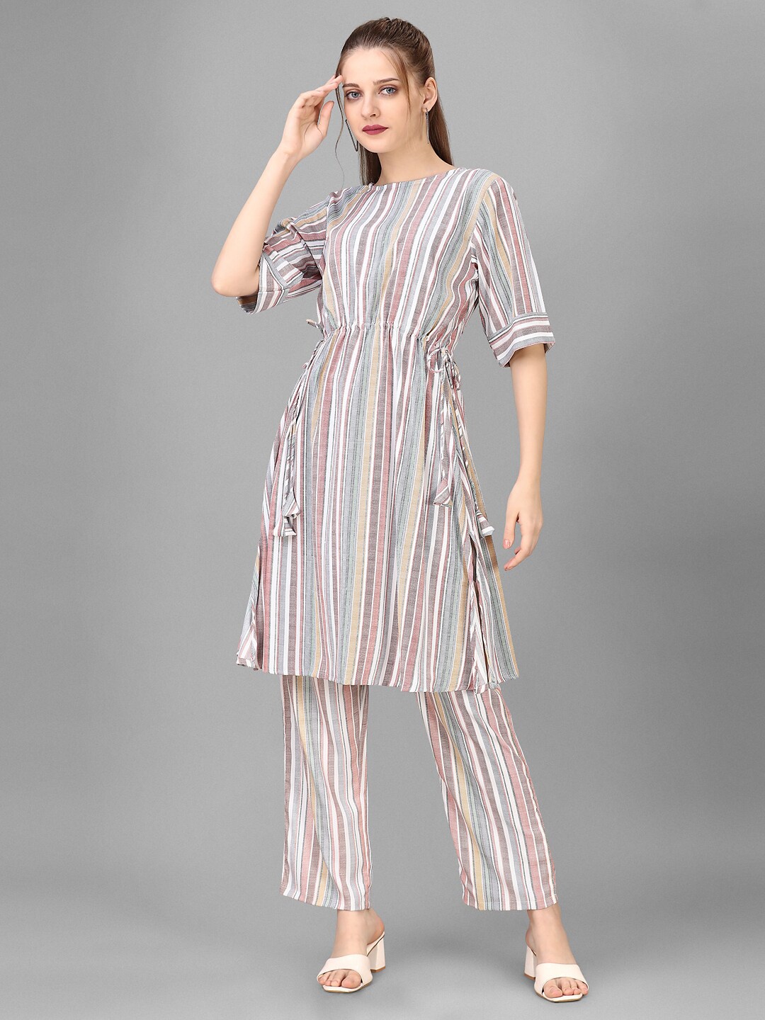 

HOUSE OF MIRA Striped Round Neck Tunic With Flared Trouser, Brown