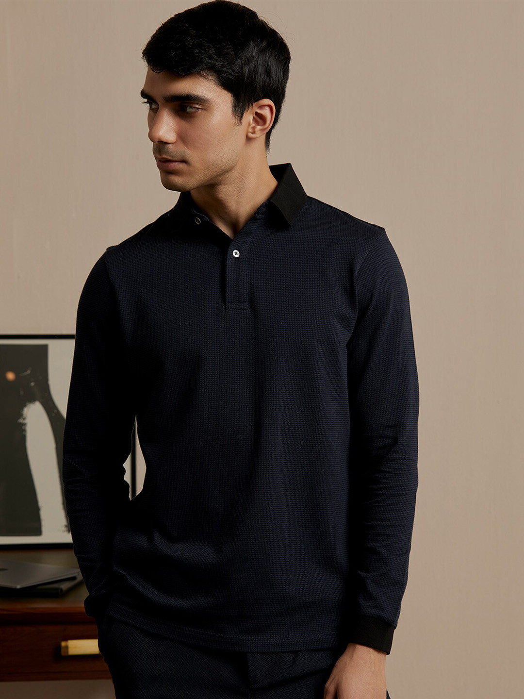 

Andamen Polo Collar Long Sleeves Cotton T-shirt, Navy blue