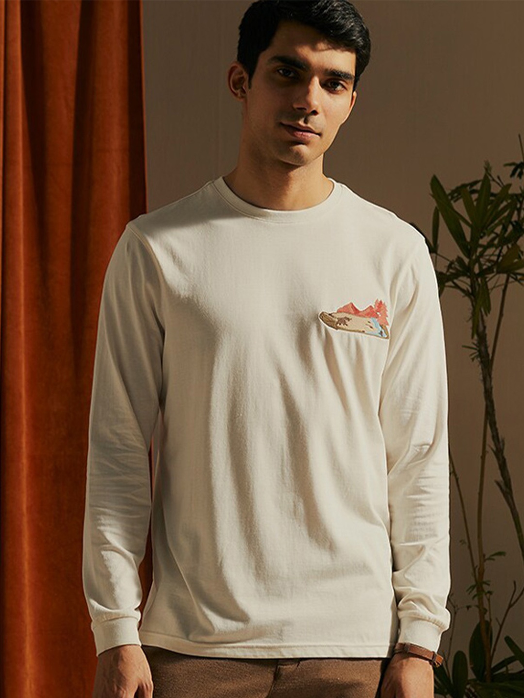 

Andamen Round Neck Long Sleeves Cotton T-shirt, Off white