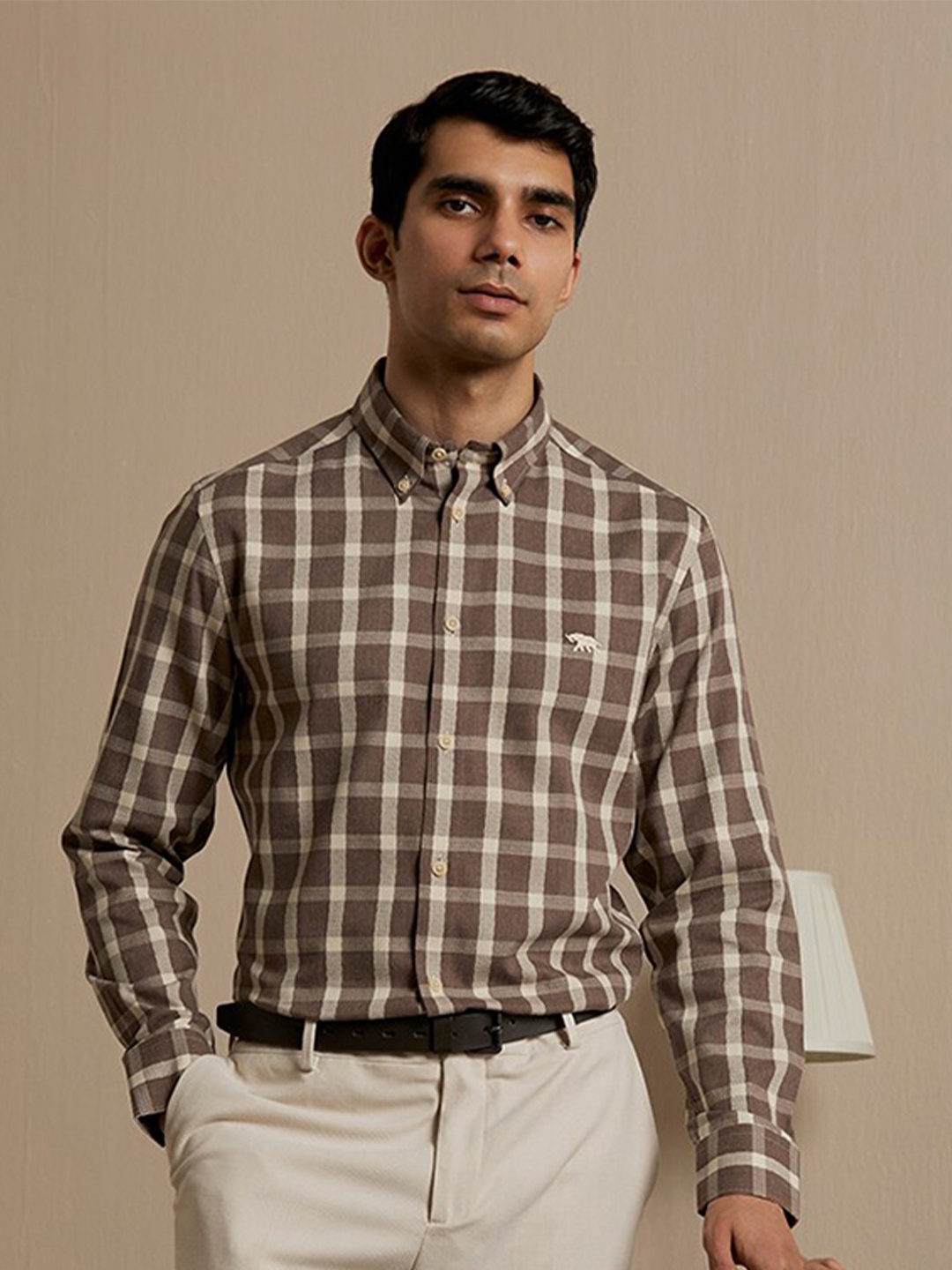 

Andamen Premium Checked Button Down Collar Slim Fit Cotton Formal Shirt, Brown