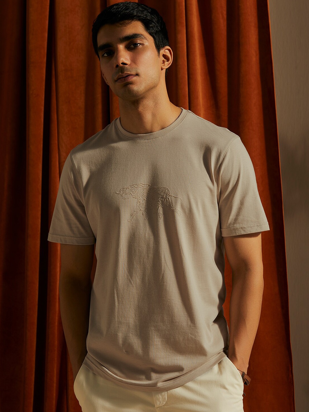 

Andamen Graphic Printed Round Neck Short Sleeves Cotton T-shirt, Beige