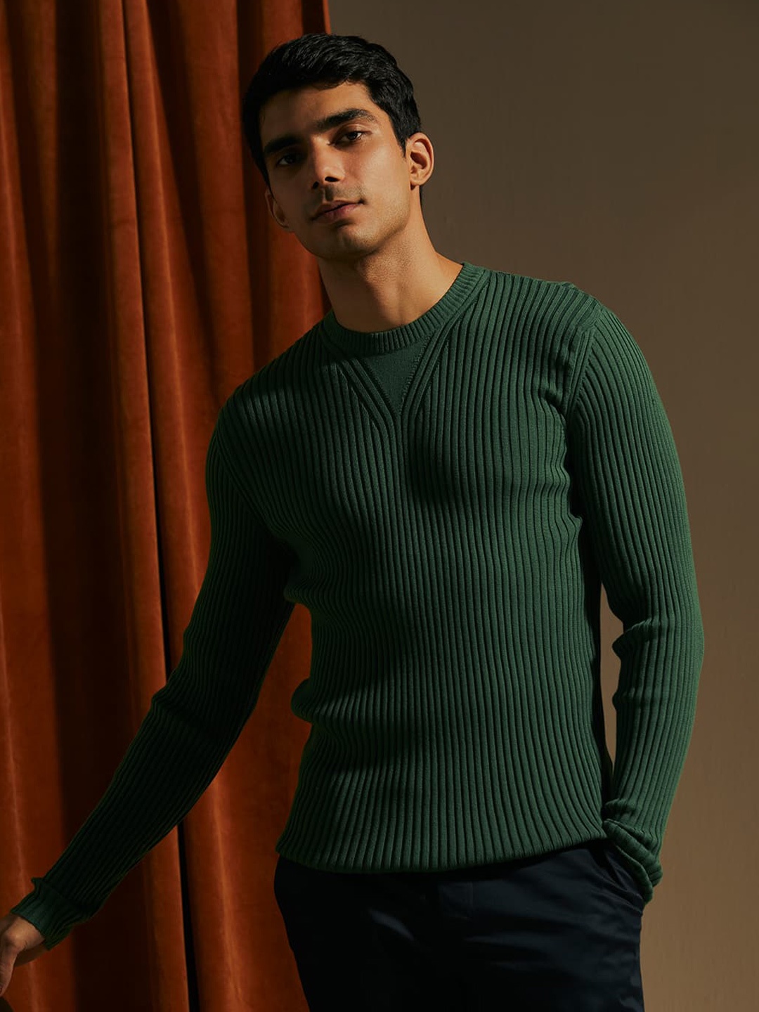 

Andamen Striped Ribbed Pullover, Green
