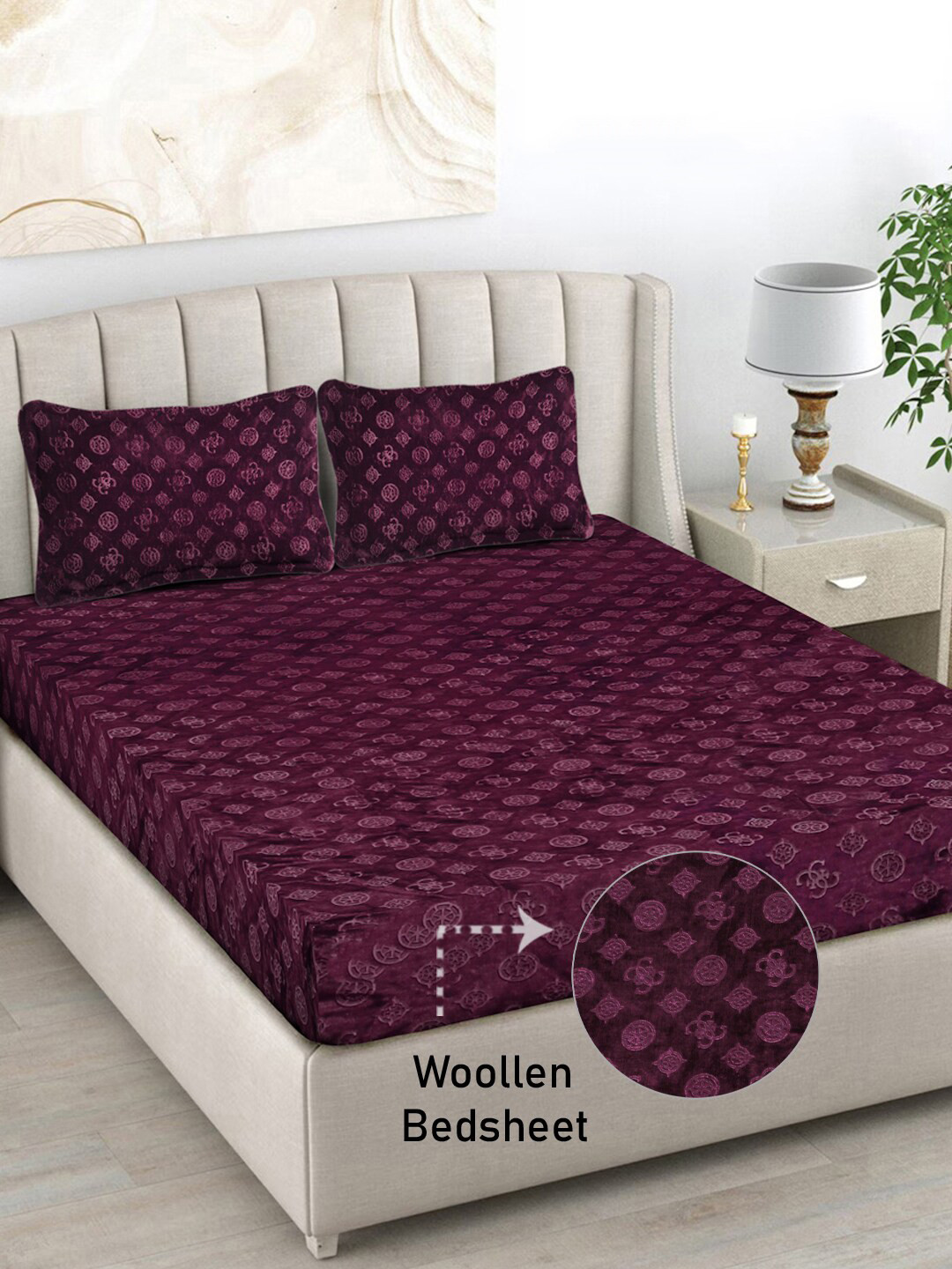 

FABINALIV Burgundy Geometric 300 TC Woollen Embossed King Size Bedsheet & 2 Pillow Covers