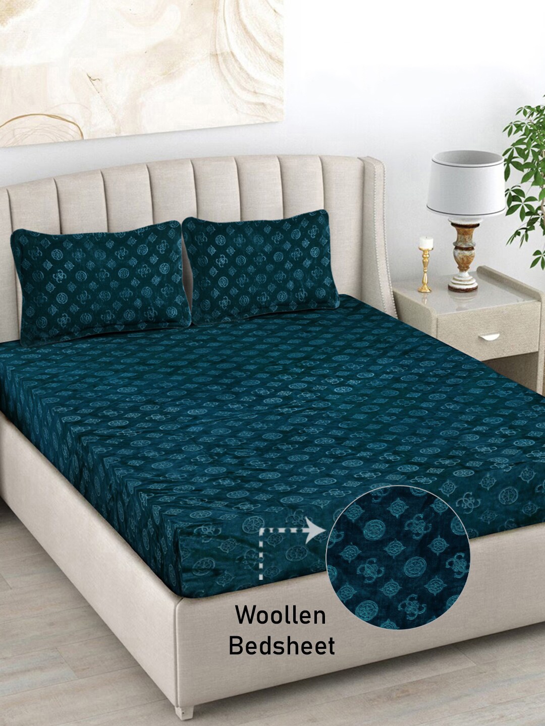 

FABINALIV Blue Geometric 300 TC Woollen Embossed King Size Bedsheet & 2 Pillow Covers, Turquoise blue