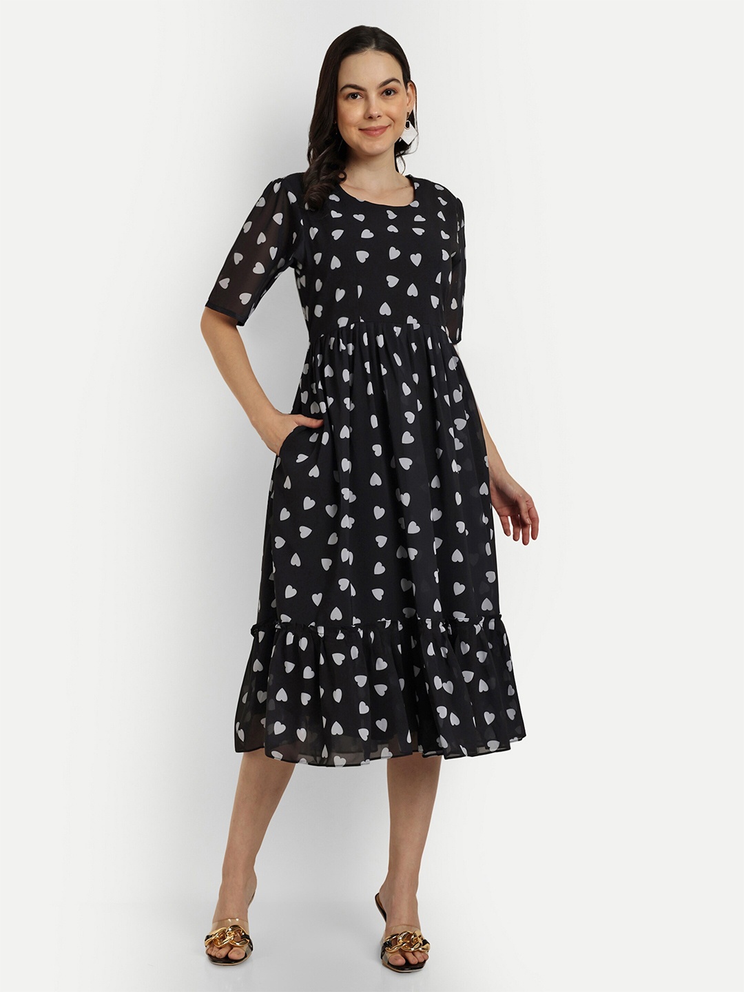

SHINISHA Conversational Printed Georgette Fit & Flare Midi Dress, Black