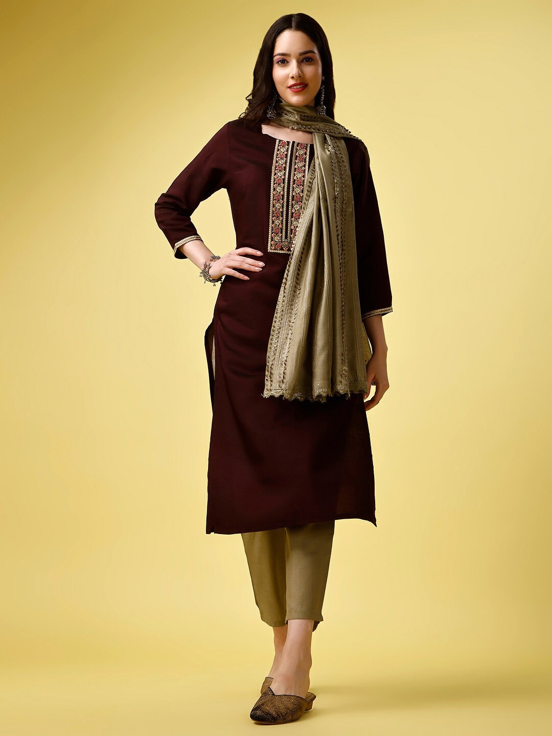 

NIZA FASHION Ethnic Motifs Yoke Design Straight Kurta With Trousers & Dupatta, Purple