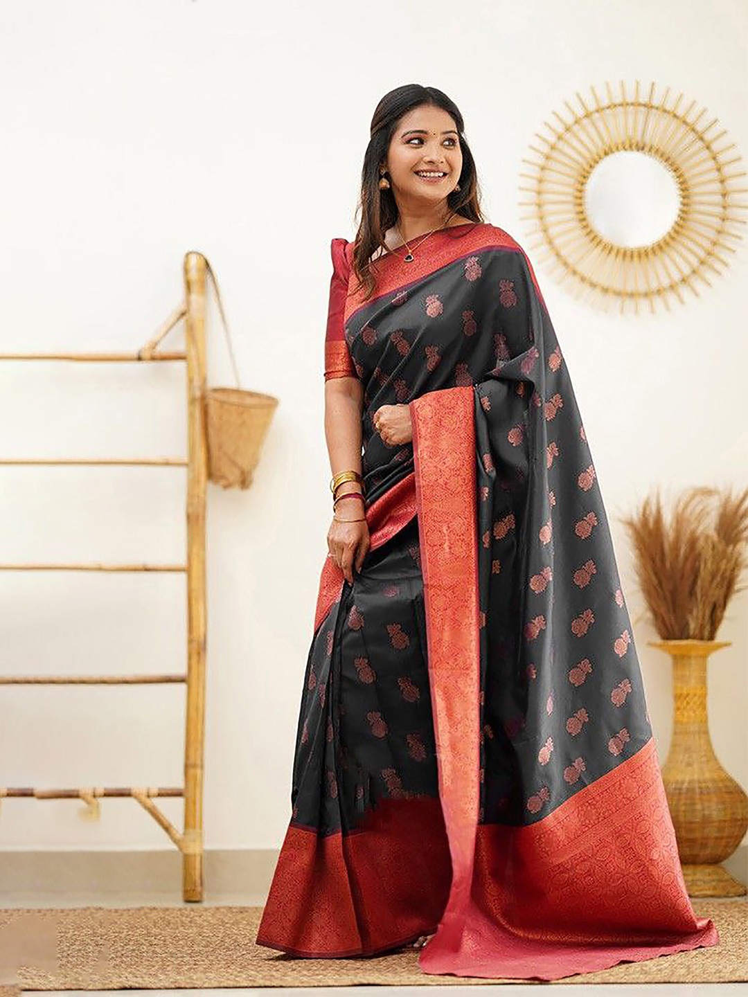 

BerMondsey Ethnic Motifs Woven Design Banarasi Saree, Black