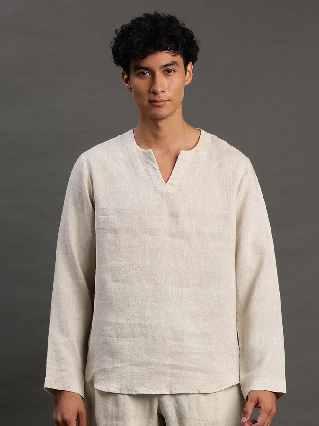 

BYB PREMIUM Linen Notched Neck Kurta with Trousers, White