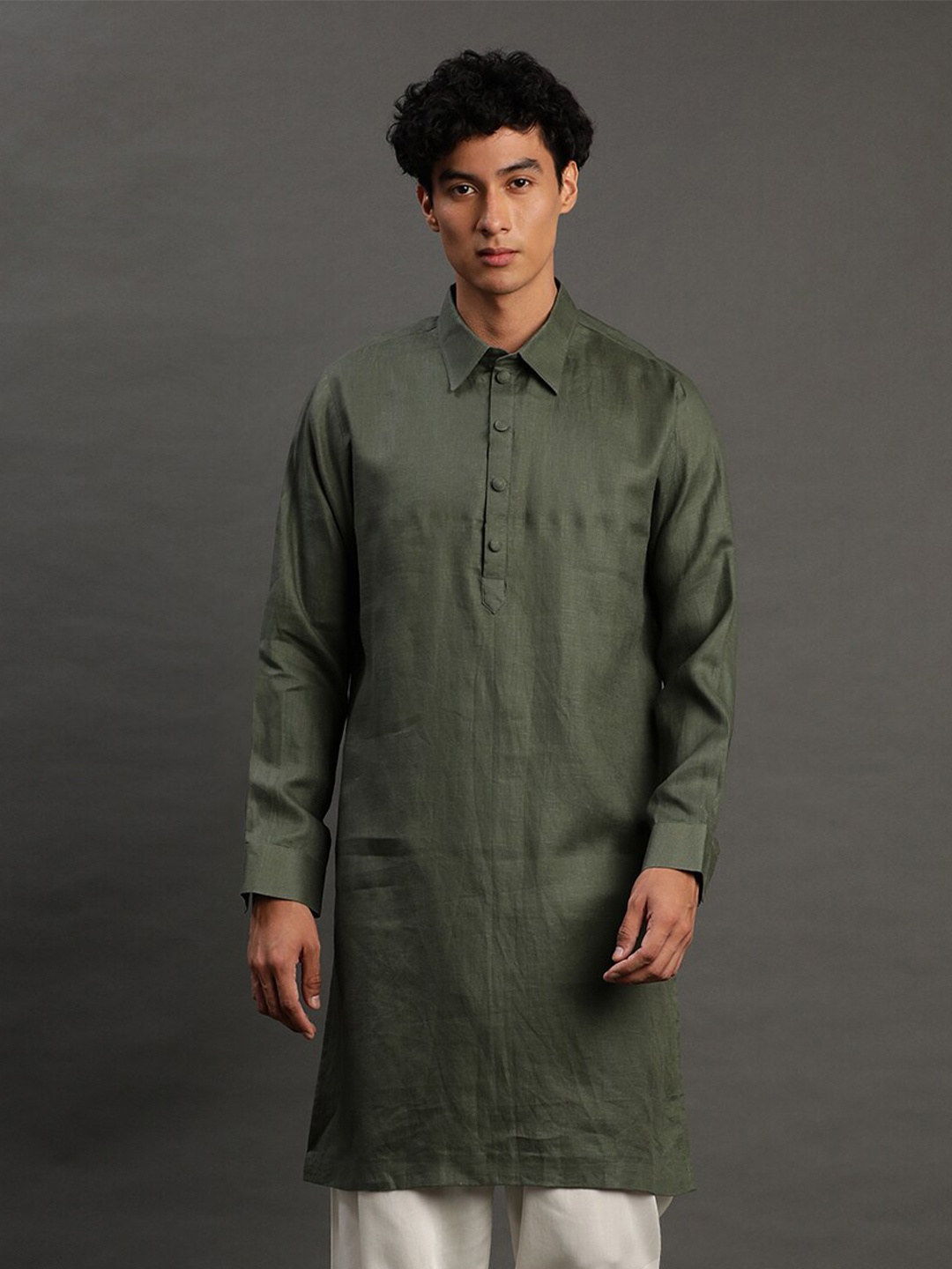 

BYB PREMIUM Linen Shirt Collar Kurta with Trousers, Green