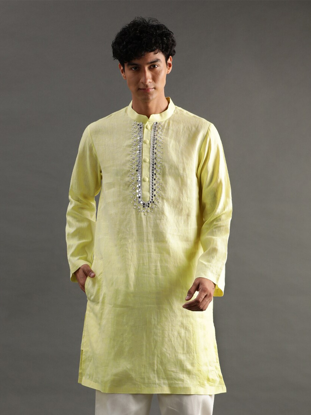 

BYB PREMIUM Yoke Design Linen Mandarin Collar Thread Work Kurta with Pyjamas, Green