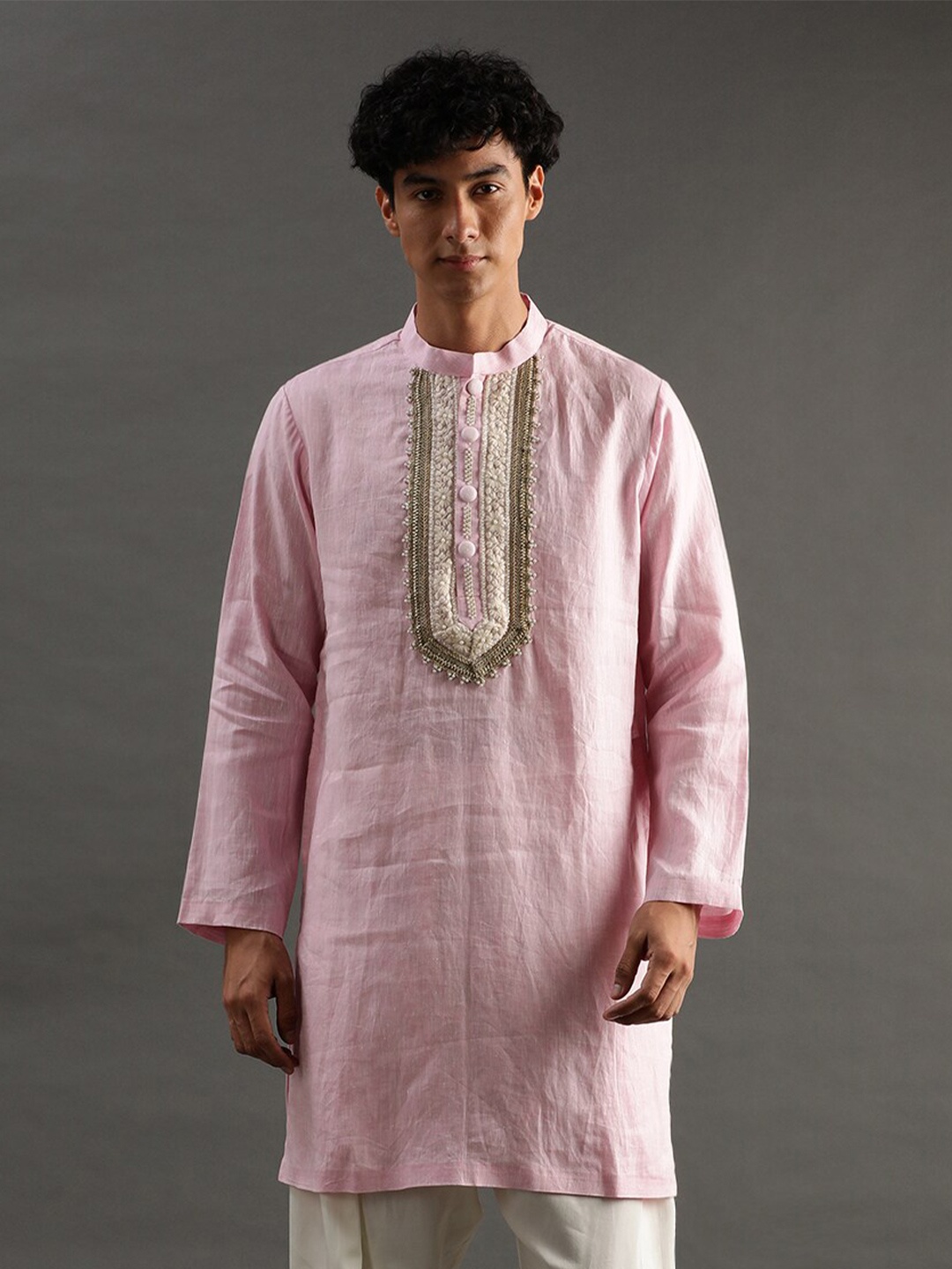 

BYB PREMIUM Floral Yoke Design Regular Thread Work Linen Kurta with Pyjamas, Pink