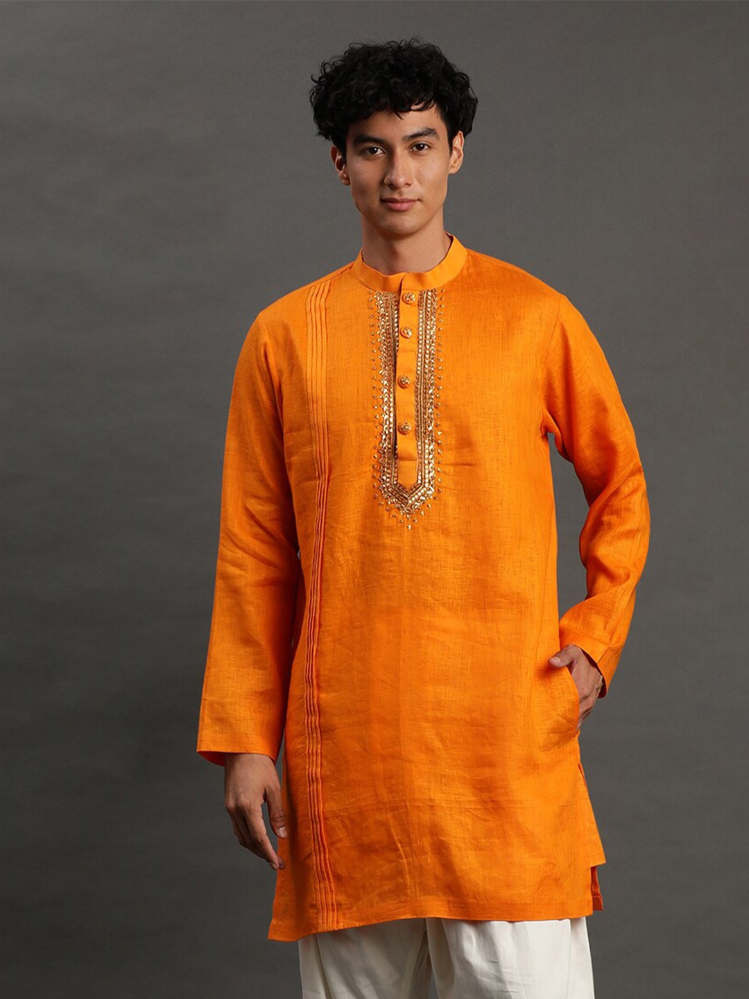 

BYB PREMIUM Ethnic Motifs Embroidered Regular Beads & Stones Linen Kurta with Pyjamas, Orange
