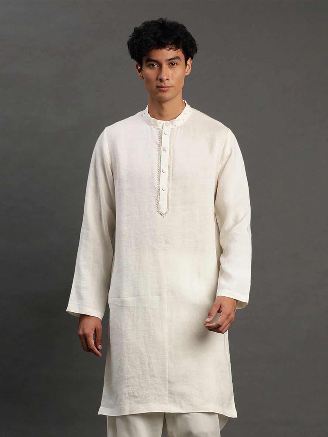 

BYB PREMIUM Embroidered Beads & Stones Linen Kurta with Pyjamas, White