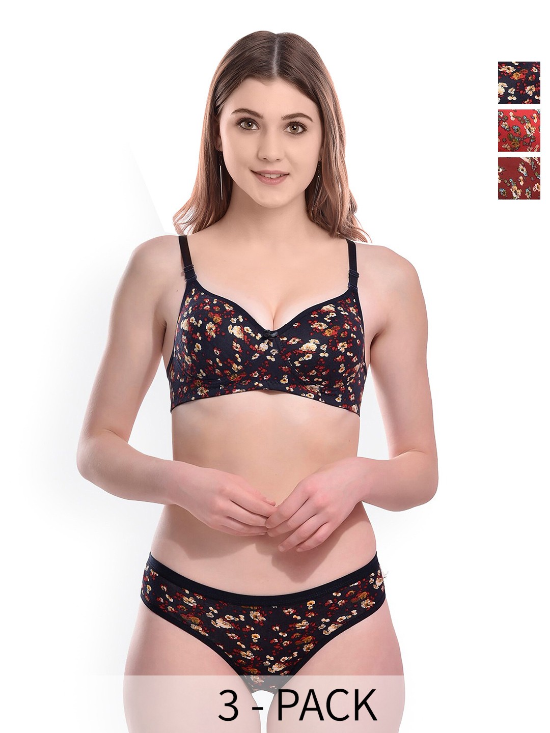 

AROUSY Pack Of 3 Printed Cotton Lingerie Set, Blue