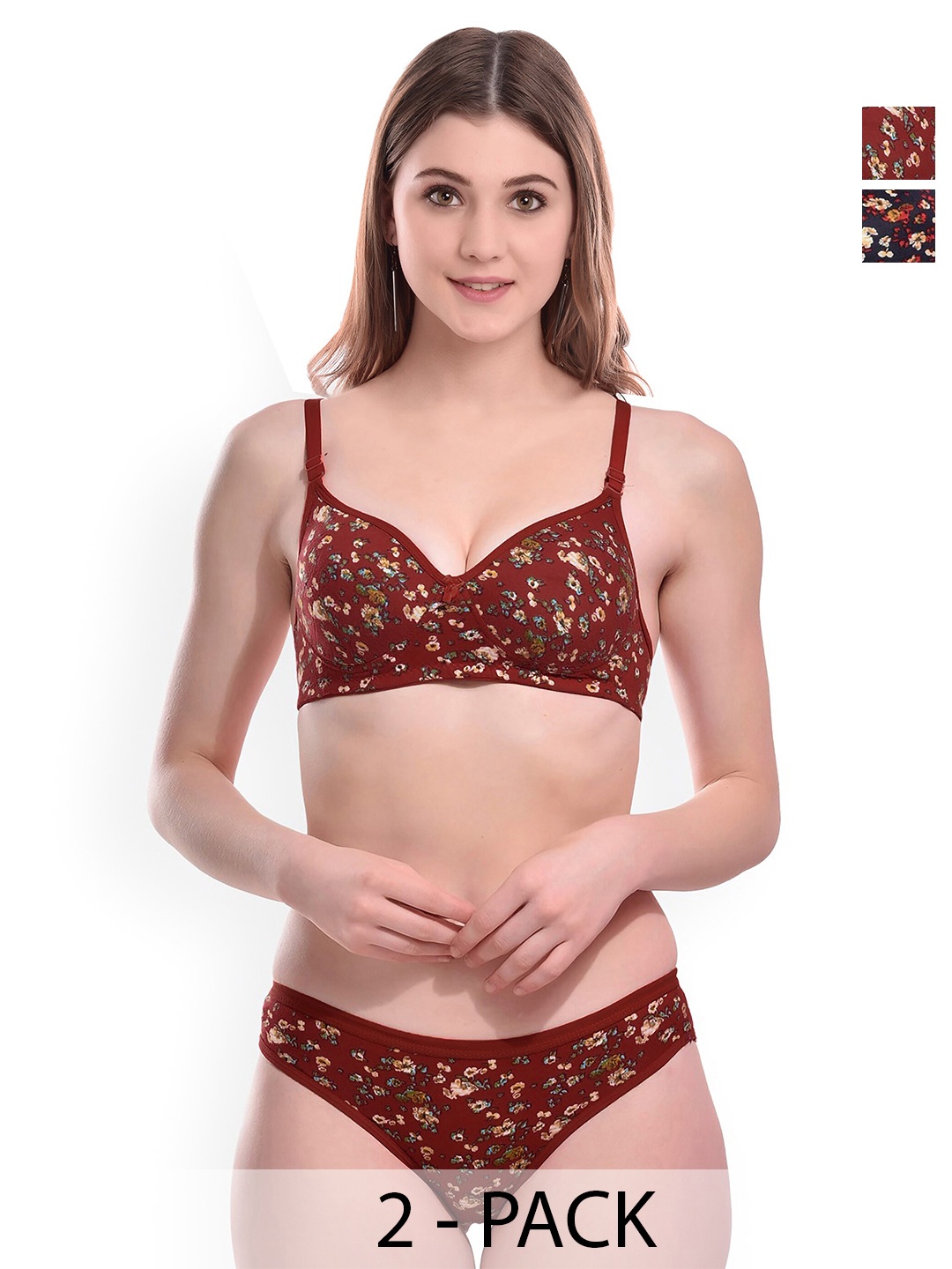 

AROUSY Pack Of 2 Printed Cotton Lingerie Set, Maroon