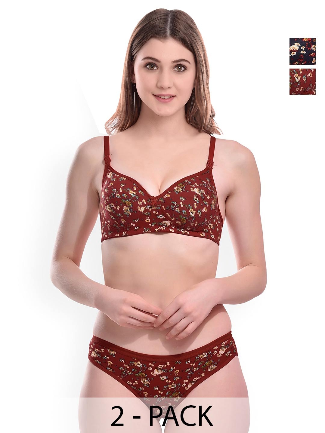 

PIBU Pack Of 2 Printed Cotton Lingerie Set, Maroon