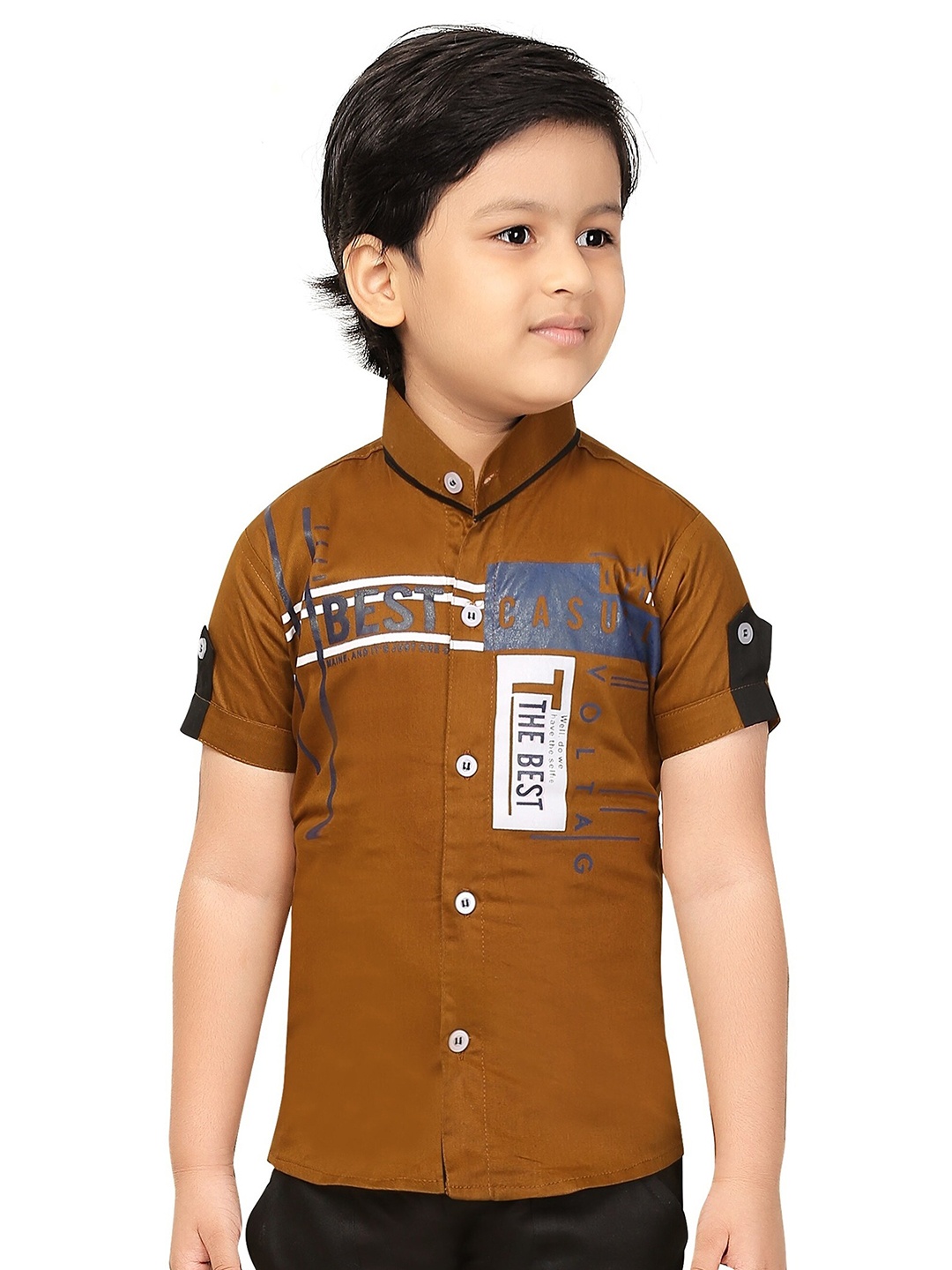 

BAESD Boys India Slim Typography Printed Band Collar Casual Shirt, Brown