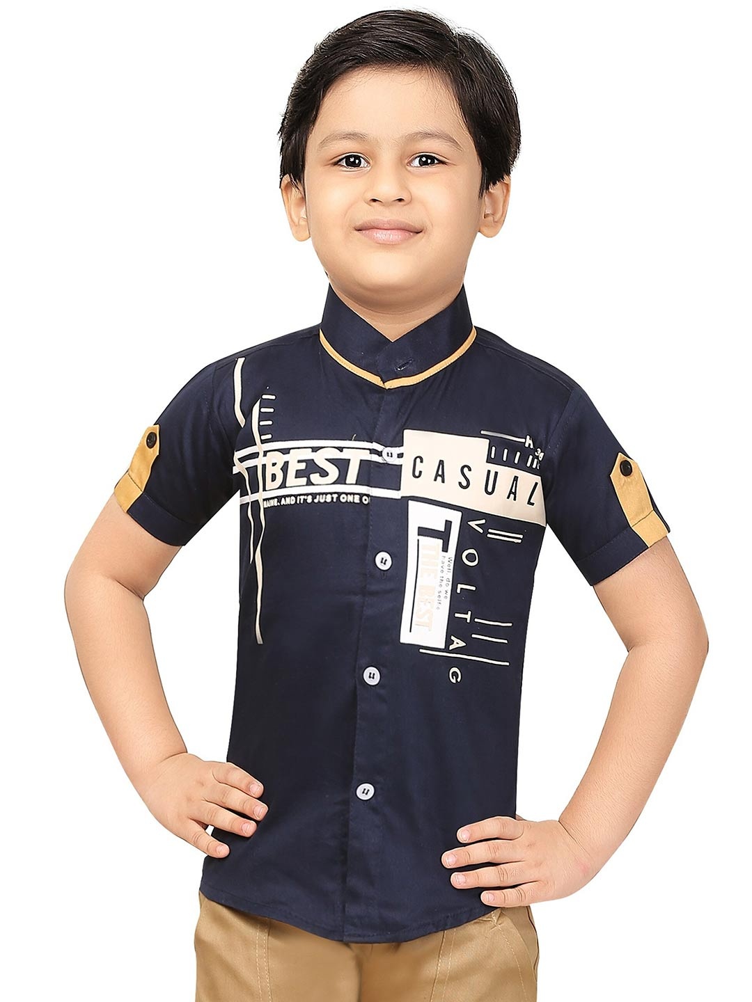 

BAESD Boys India Slim Typography Printed Band Collar Casual Shirt, Navy blue