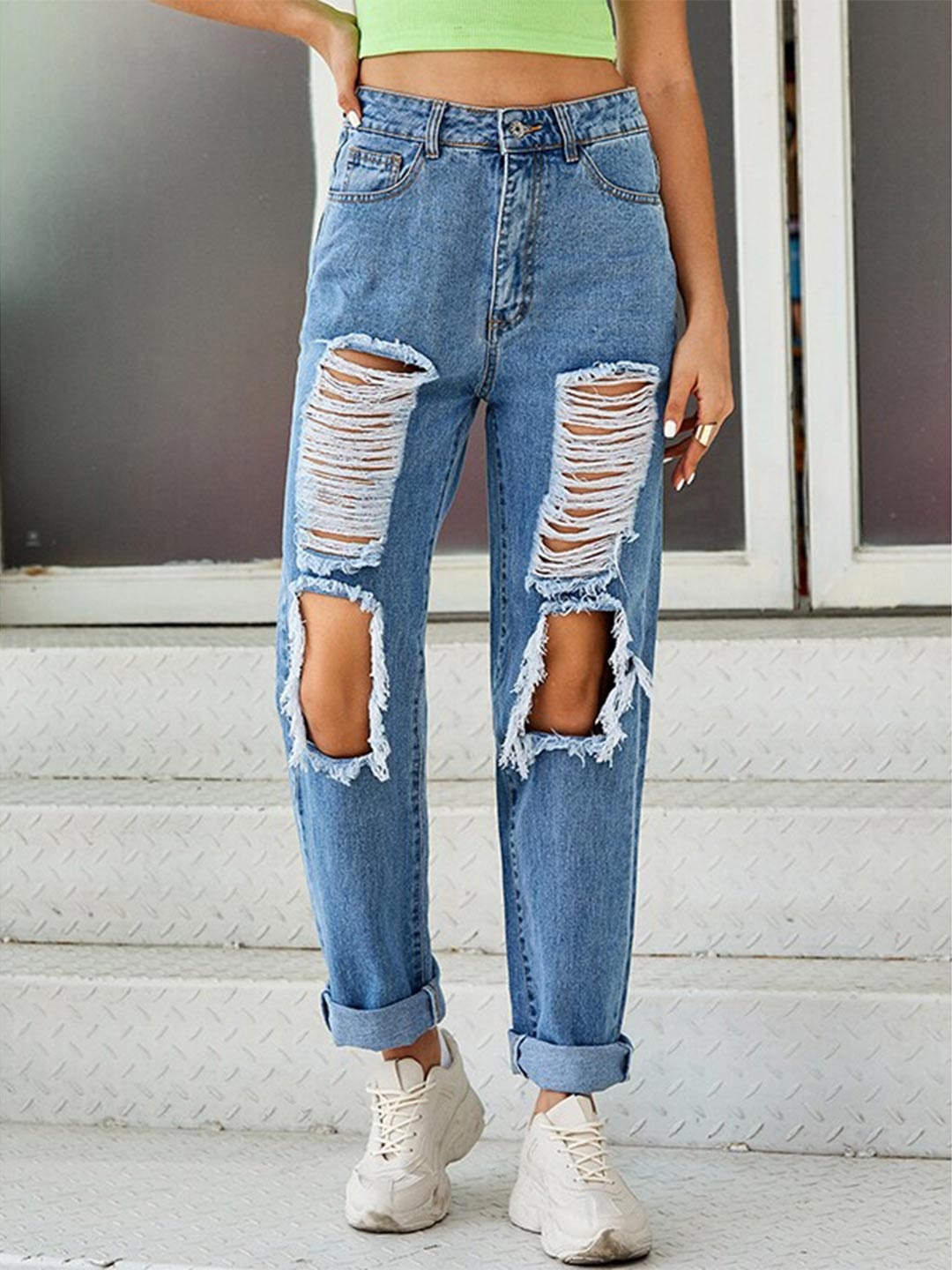 

StyleCast Women Blue Flared Highly Distressed Light Fade Cotton Jeans