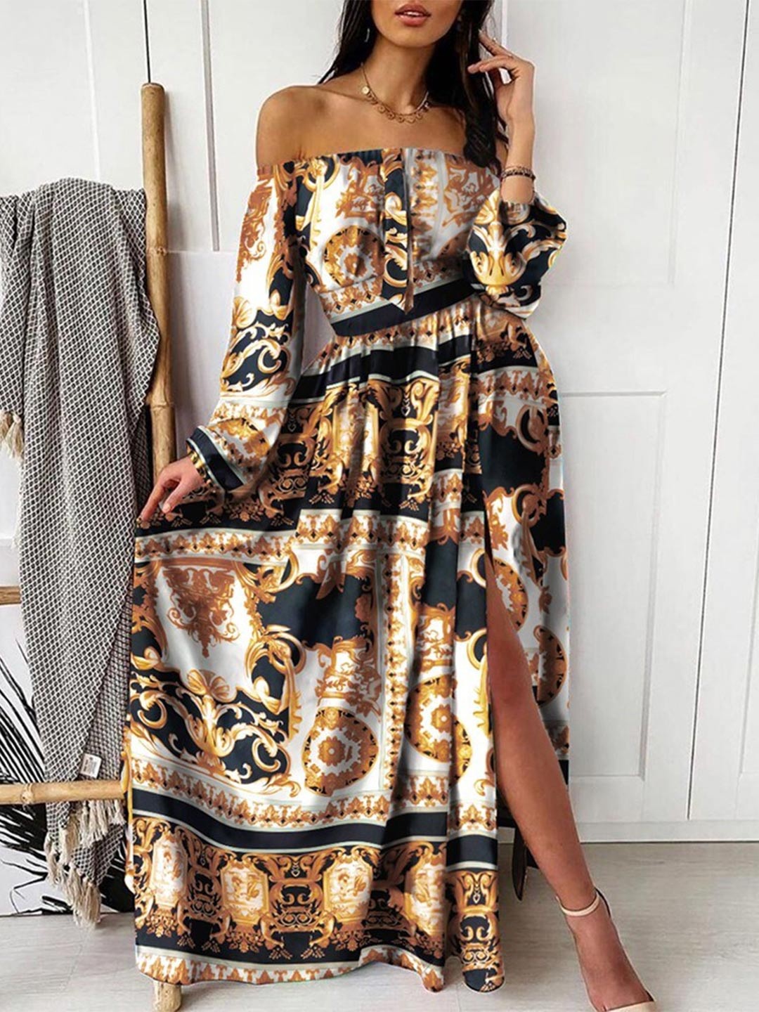 

StyleCast Half Shoulder Ethnic Print Long Sleeves Maxi Dress, Black