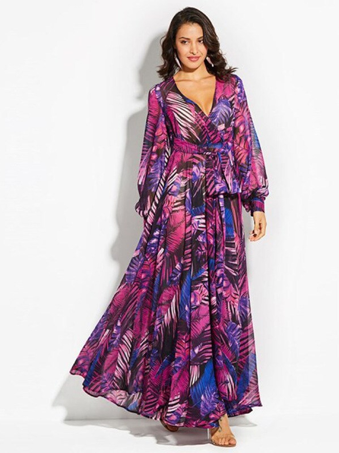 

StyleCast Purple Tropical Printed Puff Sleeve Maxi Dress