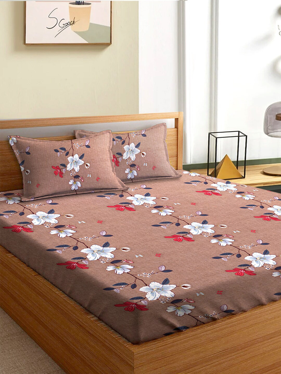 

Aura Brown and White Floral 180 TC Queen Bedsheet with 2 Pillow Covers
