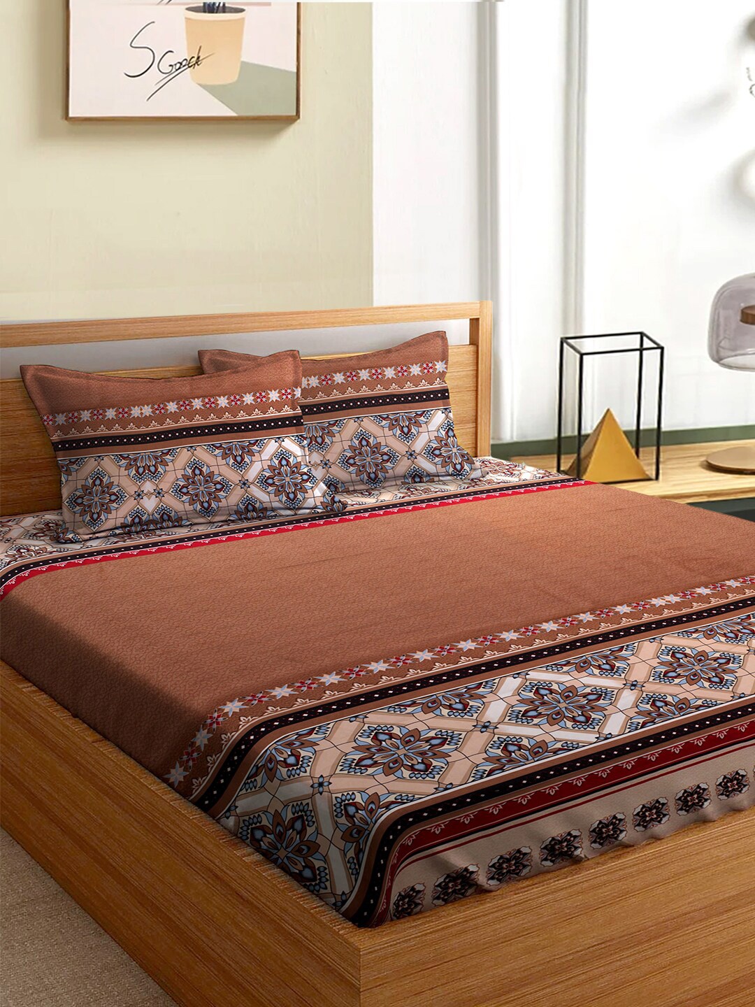 

Aura Brow and Blue Floral 180 TC Queen Bedsheet with 2 Pillow Covers, Brown
