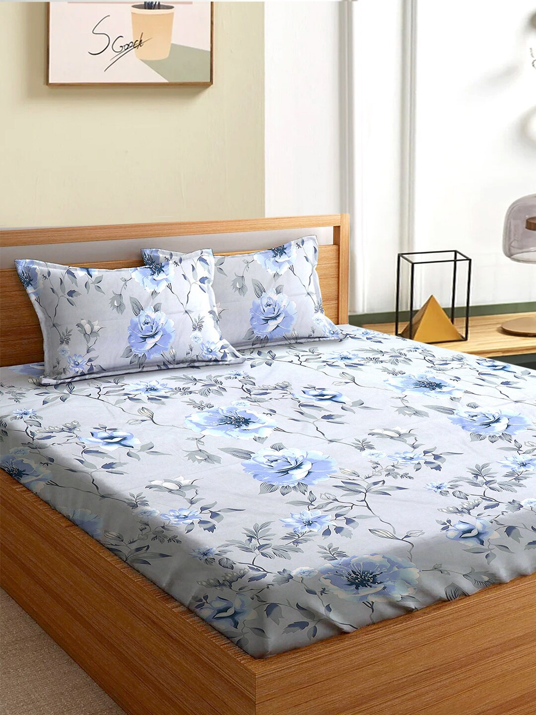 

Aura Grey and Blue Floral 180 TC Queen Bedsheet with 2 Pillow Covers
