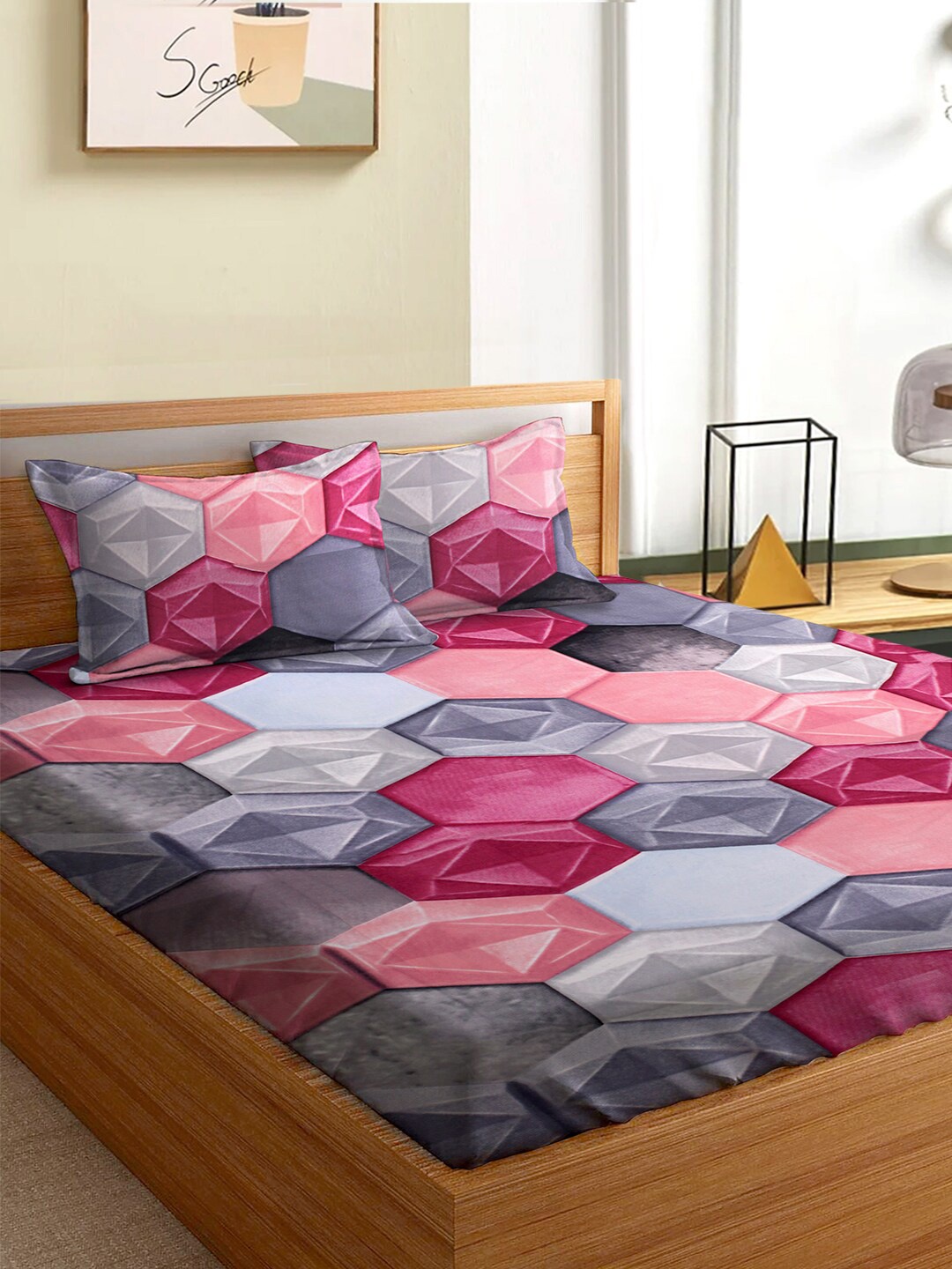 

Aura Pink and Grey 180 TC Queen Bedsheet with 2 Pillow Covers