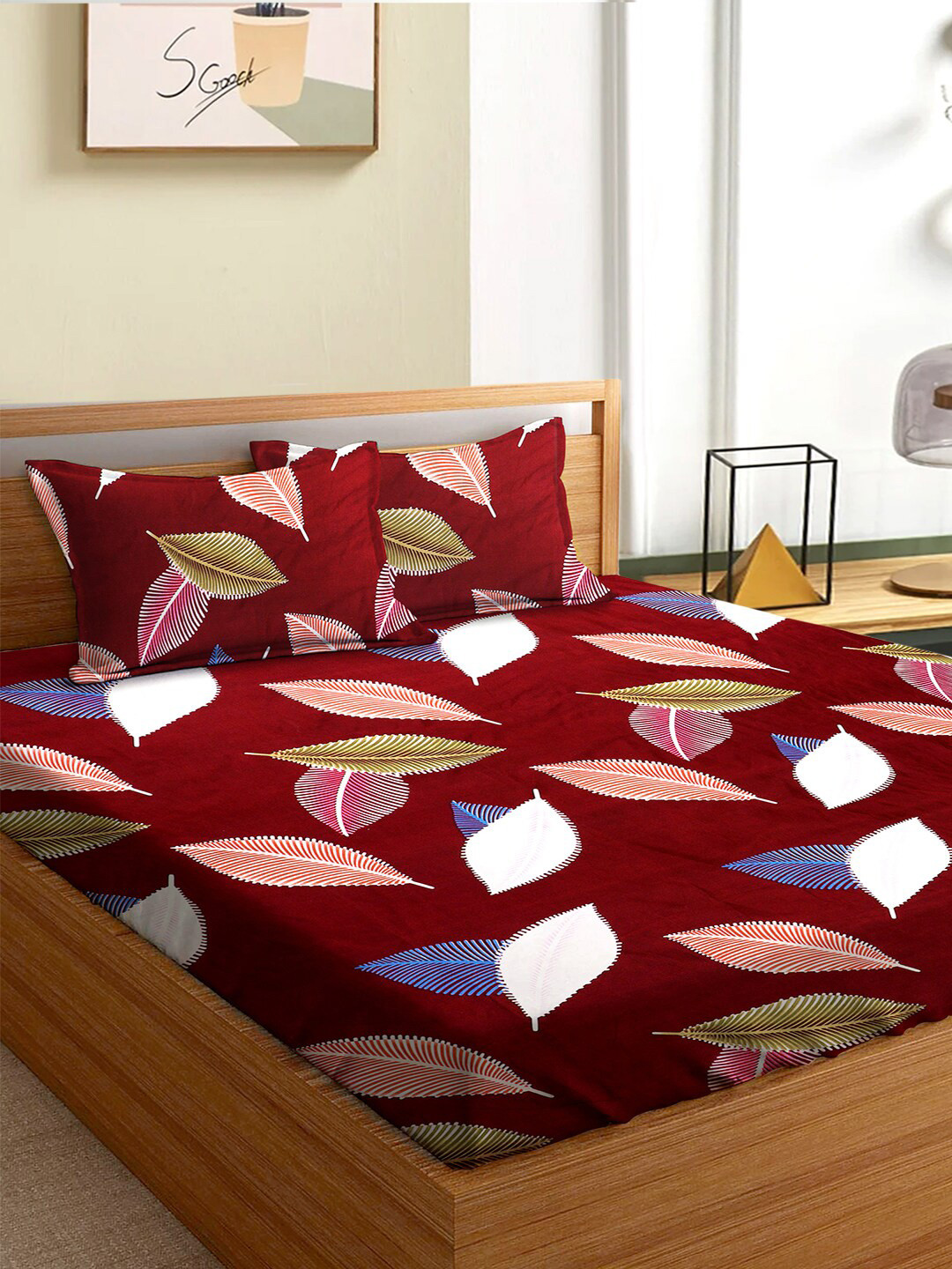 

Aura Maroon and White 180 TC Queen Bedsheet with 2 Pillow Covers