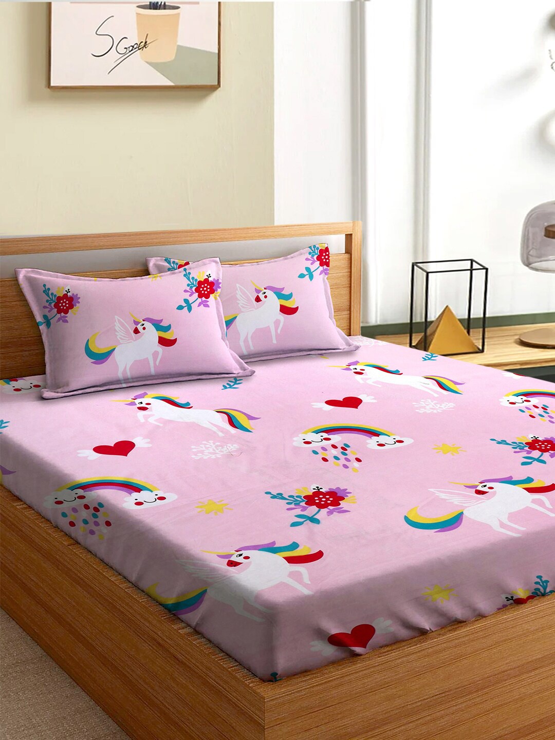 

Aura Pink and White Cartoon Characters 180 TC Queen Bedsheet with 2 Pillow Covers