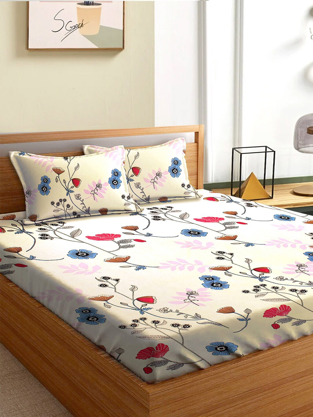 

Aura Cream Coloured and Blue Floral 180 TC Queen Bedsheet with 2 Pillow Covers