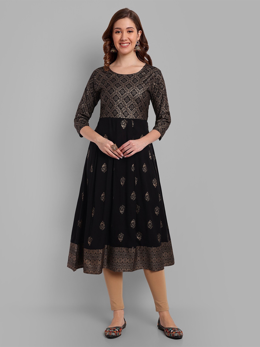 

BRASK INDIA Printed Zari Anarkali Kurta, Black