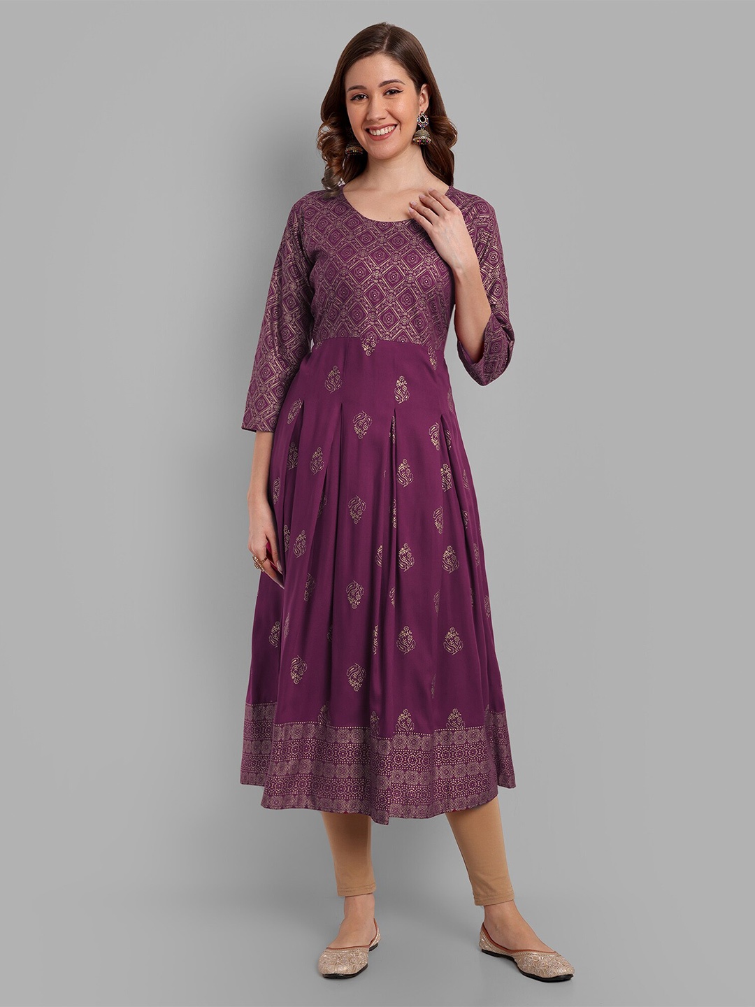 

BRASK INDIA Ethnic Motifs Printed Round Neck Panelled Anarkali Kurta, Purple