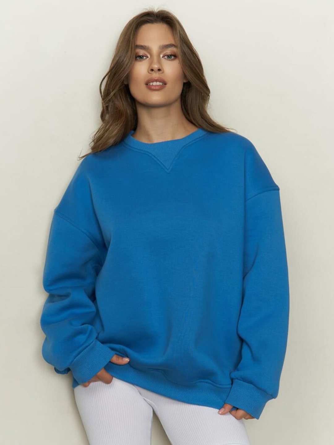 

DressBerry Blue Round Neck Drop Shoulder Sleeves Pullover Sweatshirt