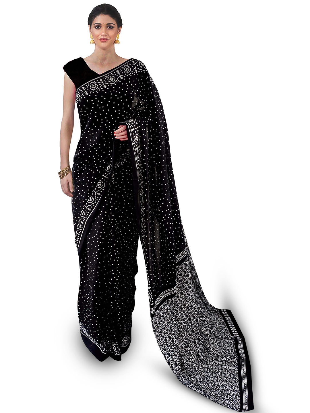 

NIKHILAM Polka Dot Pure Cotton Designer Block Print Saree, Black