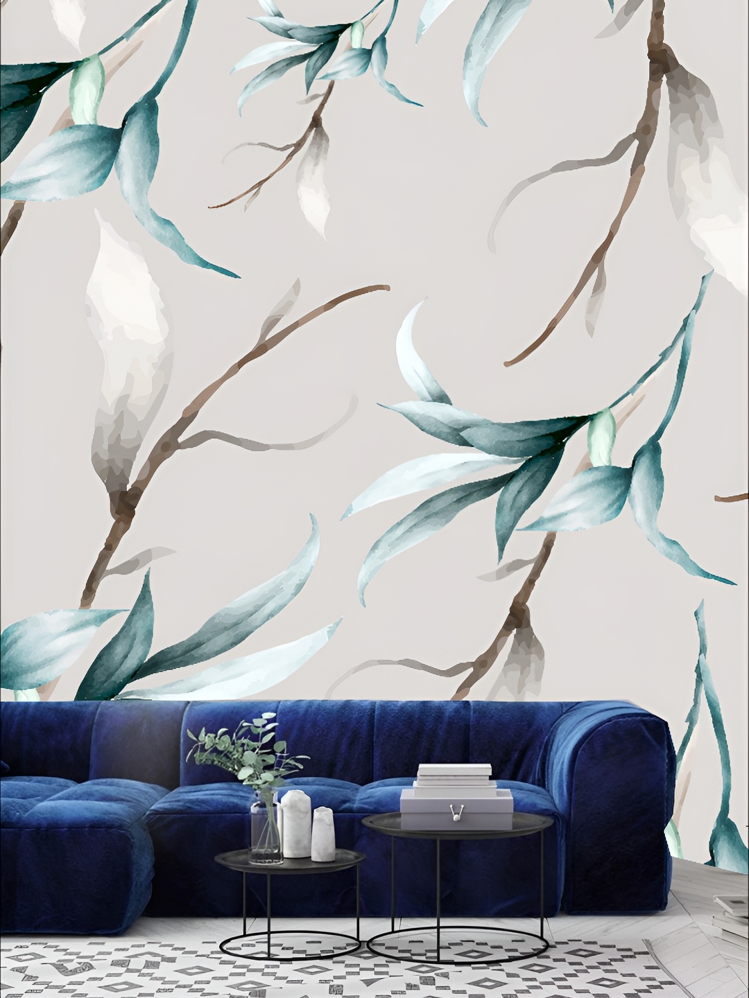 

KSHIRSA Grey & Teal-Blue Floral-Printed Self-Adhesive Removable Wallpaper