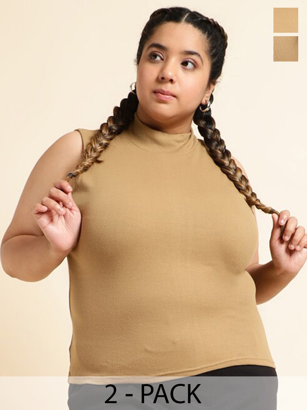 

UnaOne Plus Size Pack of 2 Ribbed High Neck Cotton Fitted Tops, Khaki