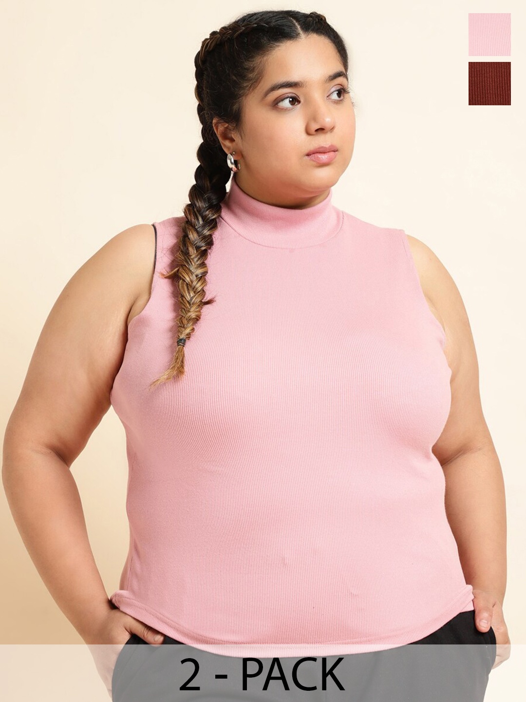 

UnaOne Plus Size Pack of 2 Ribbed High Neck Cotton Fitted Tops, Brown