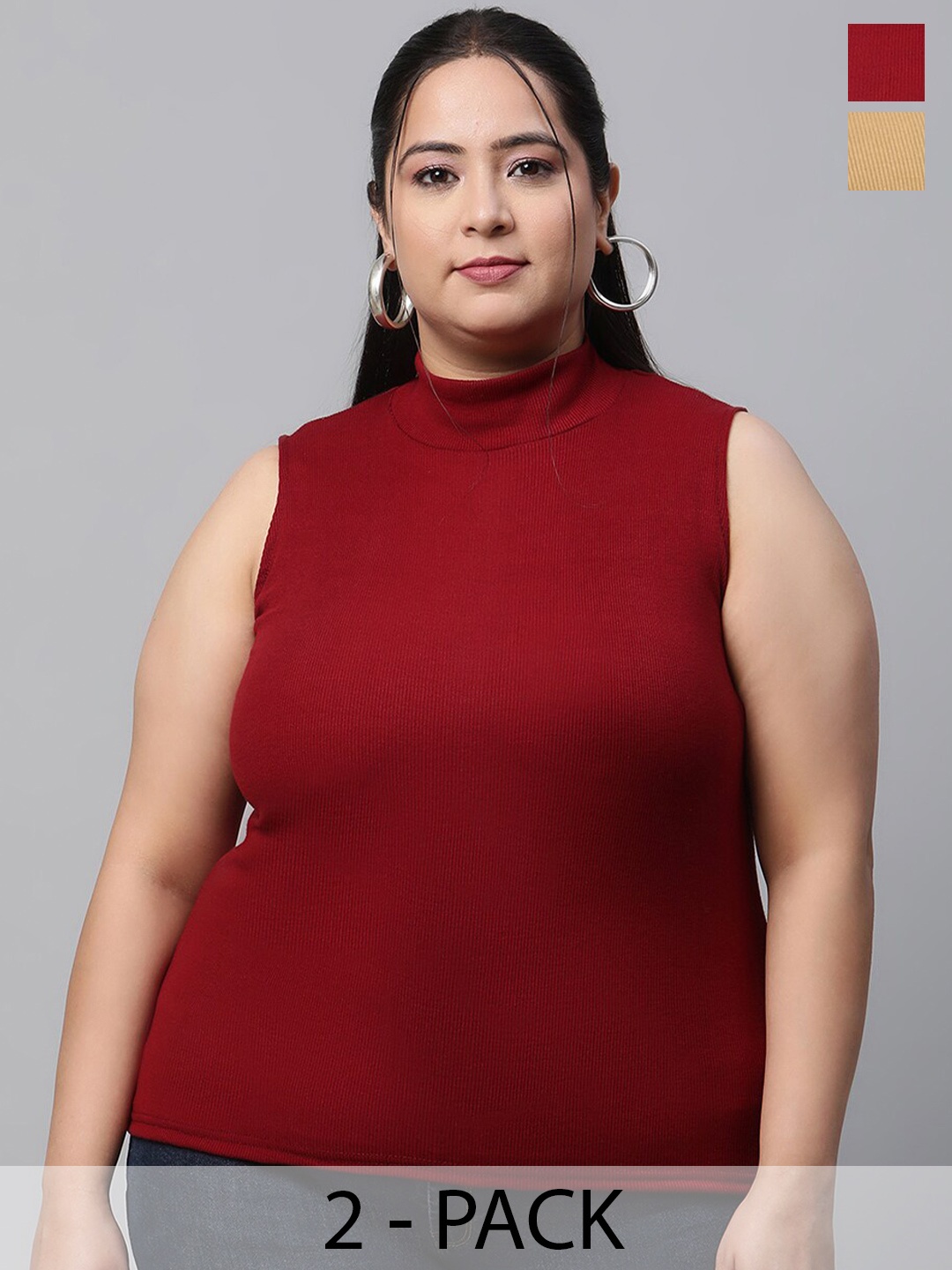 

UnaOne Plus Size Pack of 2 Ribbed High Neck Cotton Fitted Tops, Maroon