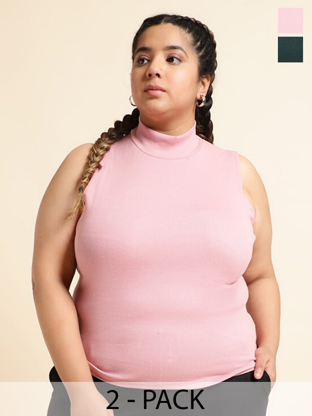 

UnaOne Plus Size Pack Of 2 Ribbed High Neck Cotton Fitted Tops, Pink