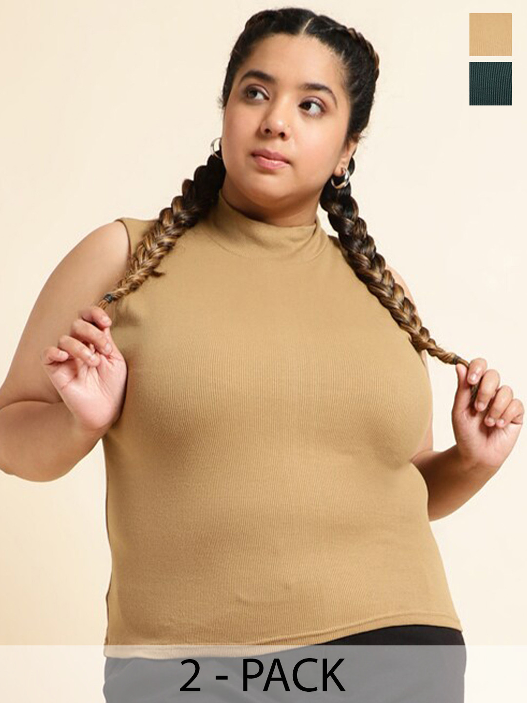 

UnaOne Plus Size Pack of 2 High Neck Sleeveless Fitted Cotton Tops, Khaki